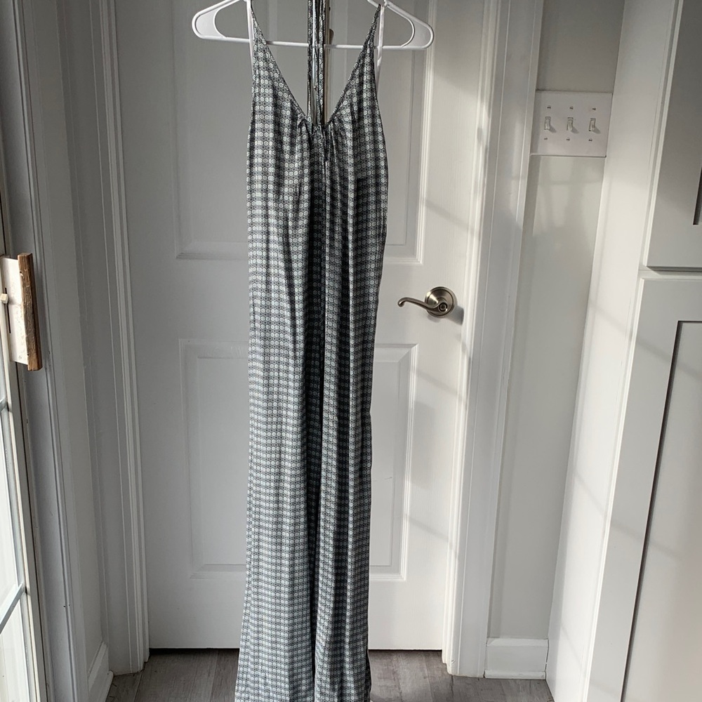 BCBGeneration Teal and Grey Patterned Fabric Jumpsuit, size XS.